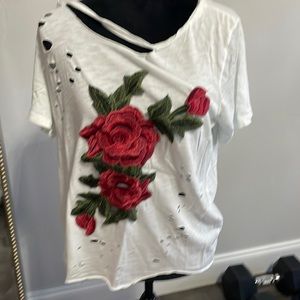 Emory park white distressed tee with rose
